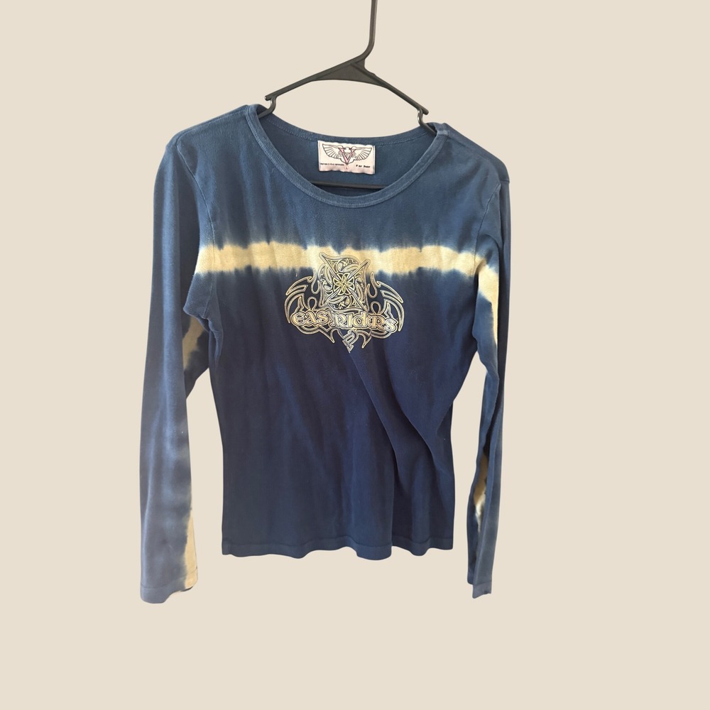 Easyriders Y2k Blue Tie Dye Biker Moto Graphic T-Shirt Tribal Logo Size L
